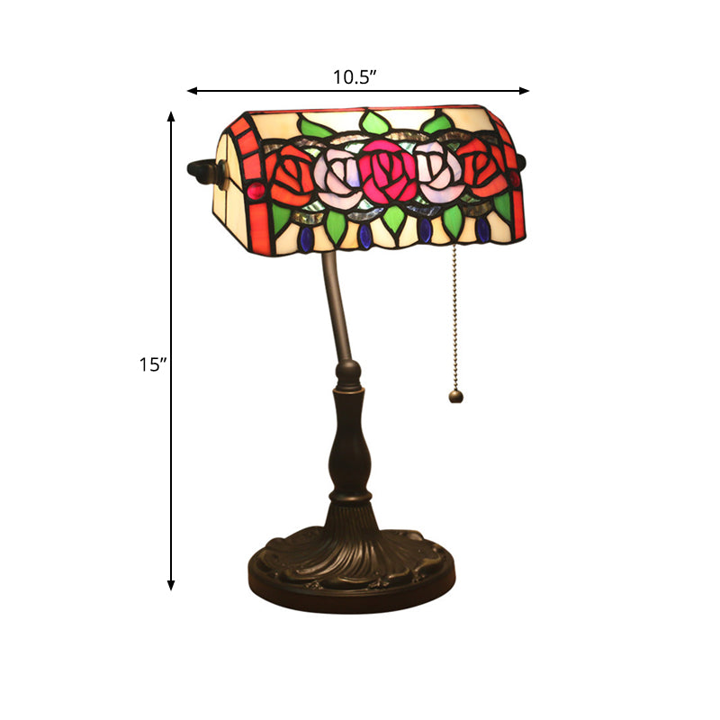 Rose Night Lighting 1-Light Stained Art Glass Mediterranean Desk Lamp in Bronze with Pull Chain