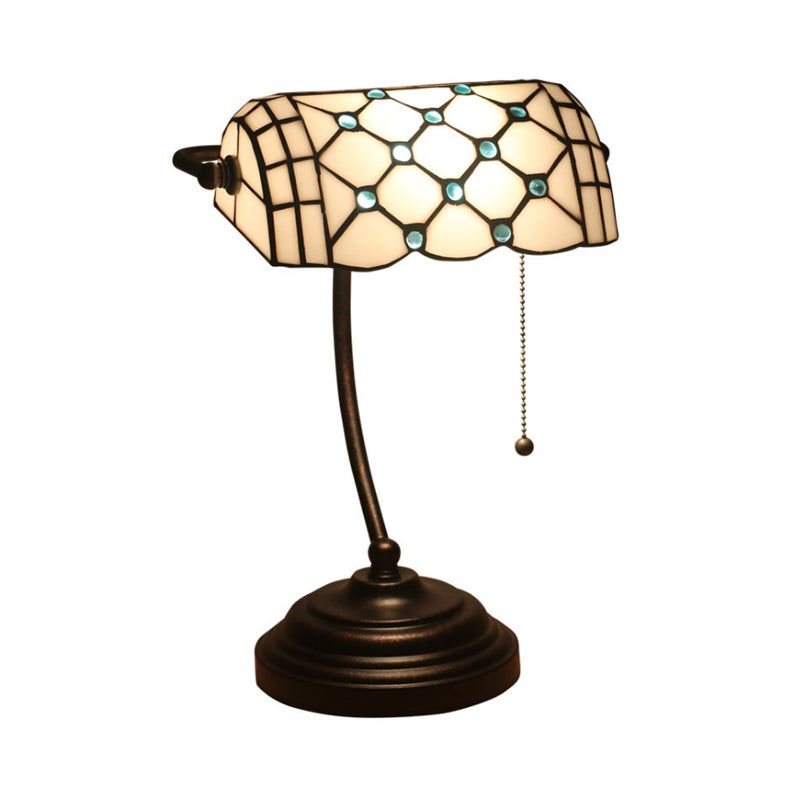 1 lampe de tâche Task Tiffany Style Bijoux en verre beige Pull Chain Night Table Table Éclairage en bleu / or avec bras incurvé