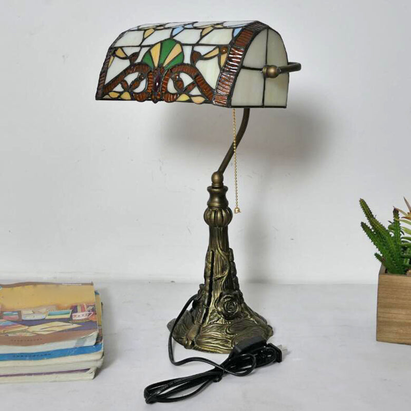 Bronze 1-Bulb Pull Chain Desk Light Mediterranean Hand Cut Glass Rollover Shade Nightstand Lamp with Plug-In Cord