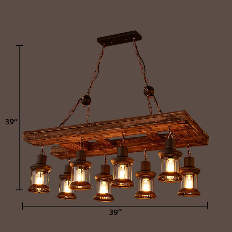 Lantern Clear Glass Hanging Pendant Rustic 8-Light Kitchen Island Light Fixture in Black with Wood