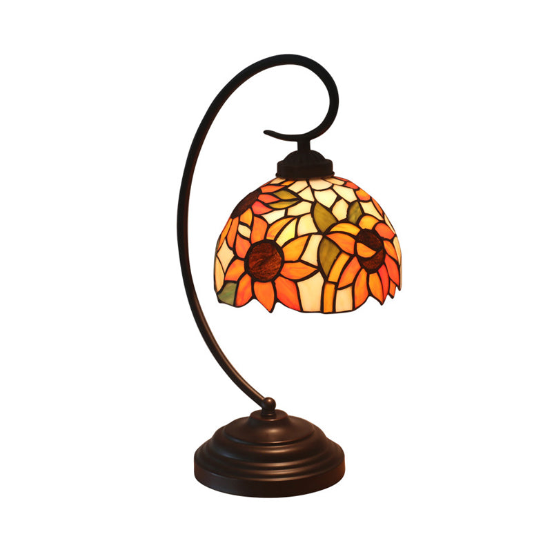 1 Bulb Night Lamp Mediterranean Sunflower Stained Glass Nightstand Light in Dark Coffee with Swirl Arm
