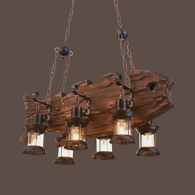 Brown Caged Island Pendant Light Rustic Clear Glass 6-Bulb Dining Room Hanging Lighting with Wooden Fish Design