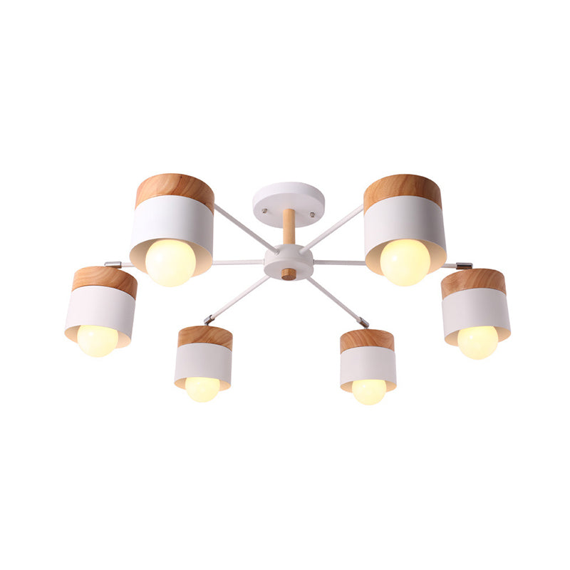 White Finish 6 Bulbs Ceiling Mount Chandelier Nordic Wood and Metal Cylinder Semi Flush Pendant Light