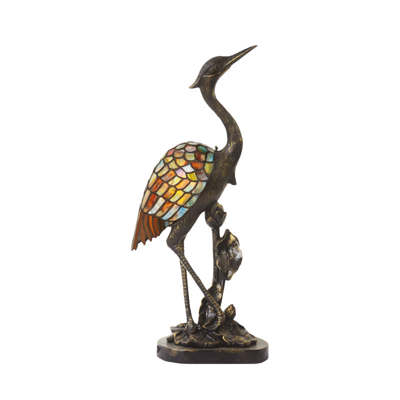 1 Light Table Lighting Tiffany Crane Shape Stained Glass Plug-In Night Lamp in Bronze with Resin Base
