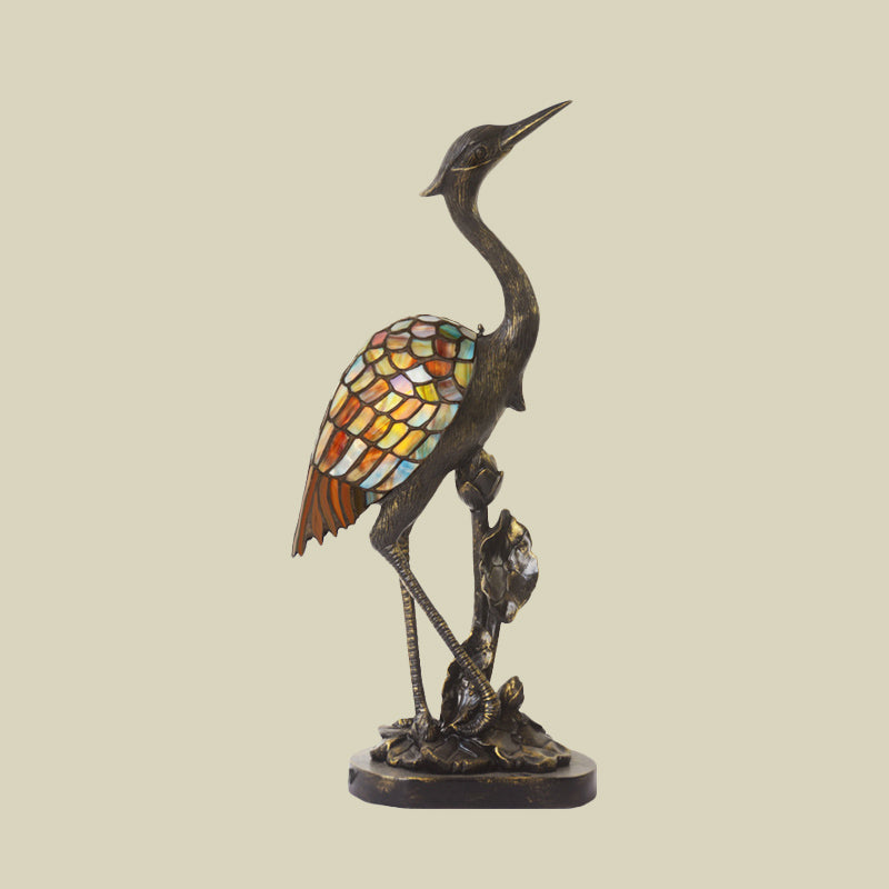 1 Light Table Lighting Tiffany Crane Shape Stained Glass Plug-In Night Lamp in Bronze with Resin Base