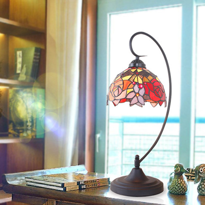 Domed Nightstand Lighting 1 Head Hand Cut Glass Mediterranean Petal Patterned Table Lamp in Black for Bedside