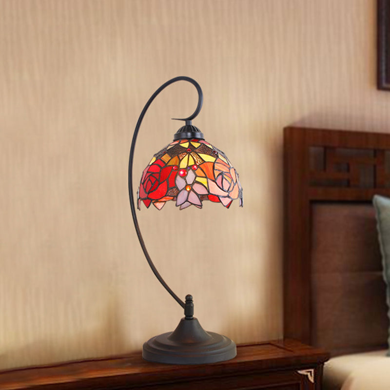 Domed Nightstand Lighting 1 Head Hand Cut Glass Mediterranean Petal Patterned Table Lamp in Black for Bedside