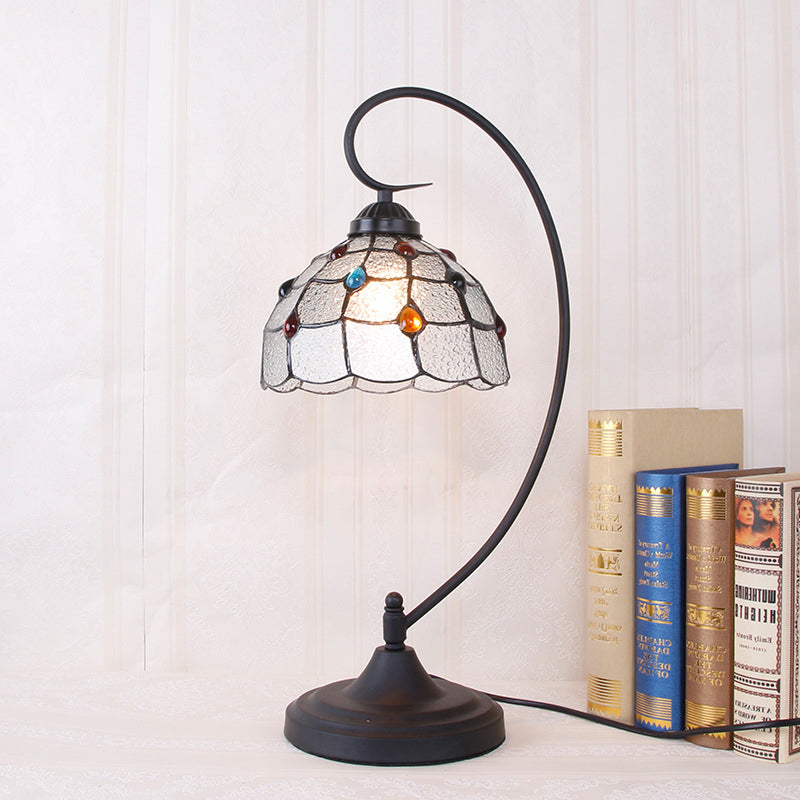 Beige/White and Silver Glass Black Night Lamp Lattice Bowl 1 Head Victorian Nightstand Light with Curvy Arm