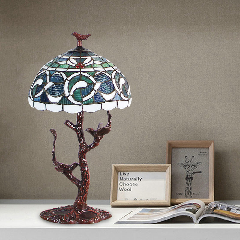 Stained Glass Dome Table Light Tiffany Style 1 Light Coffee Kapok Patterned Night Lamp with Tree Design