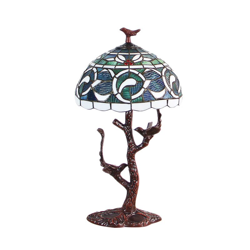 Stained Glass Dome Table Light Tiffany Style 1 Light Coffee Kapok Patterned Night Lamp with Tree Design