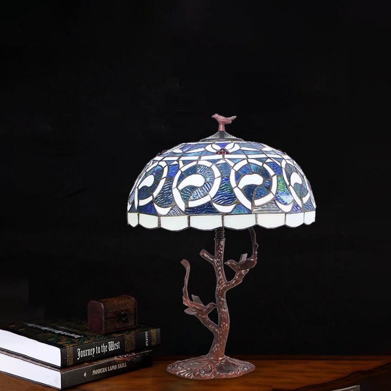 Bowl Shaped Night Lighting 1-Light Cut Glass Mediterranean Table Light in Coffee with Tree Design