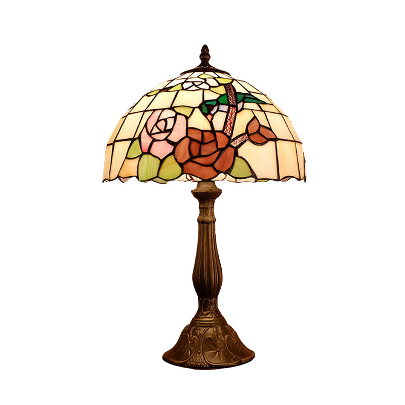 Iluminación de mesita de noche abovedada de bronce victoriana 1 luz de vidrio cortado a mano de mano con patrón de rosa