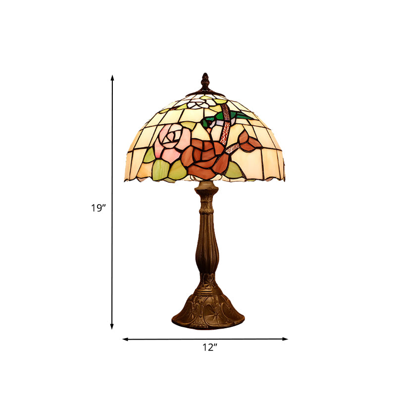 Iluminación de mesita de noche abovedada de bronce victoriana 1 luz de vidrio cortado a mano de mano con patrón de rosa