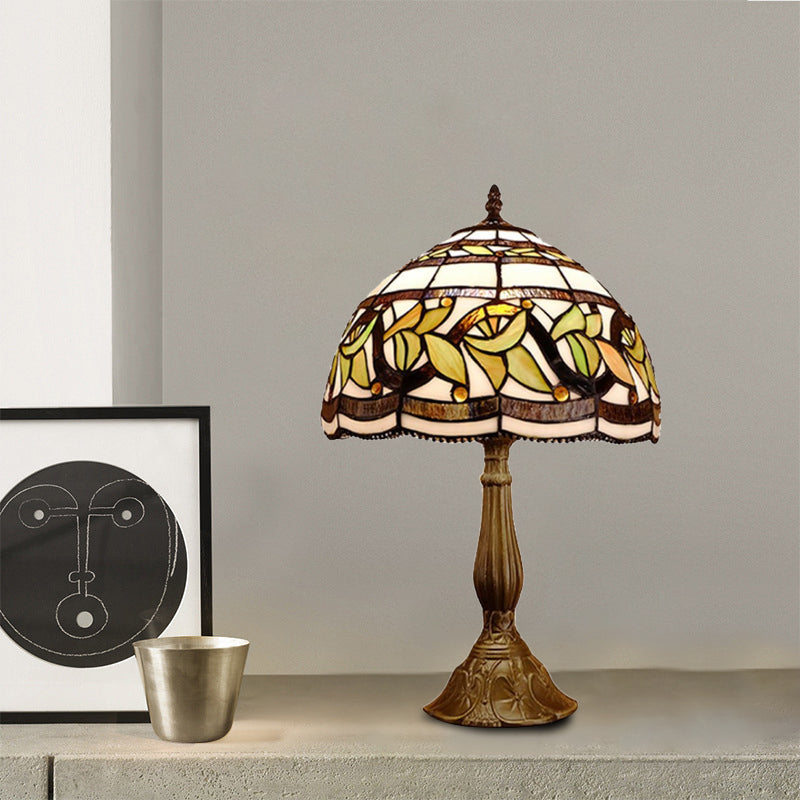 1 kop Dome tafellamp barokke stijl geel/groen/oranje gebrandschilderd glas nachtkastje lamp met blad/bloempatroon