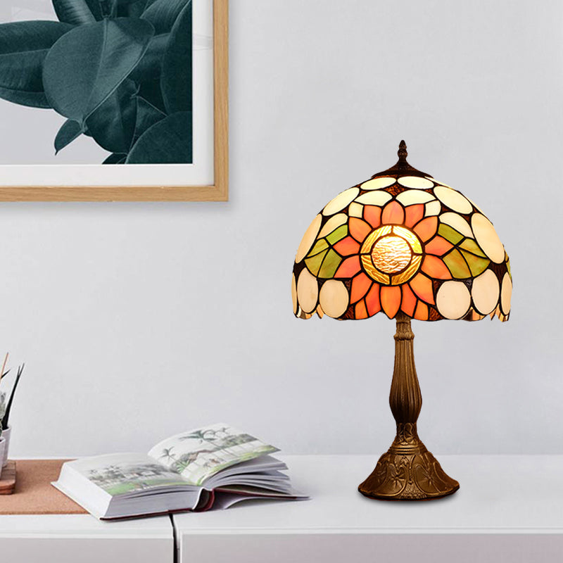 Bronze 1-Head Night Lighting Mediterranean Hand Cut Glass Domed Shade Nightstand Lamp with Sunflower Pattern