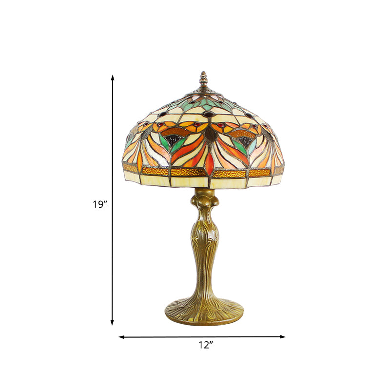 Dome Shade Cut Glass Nightstand Light Victorian 1-Bulb Bronze Night Table Lamp with Fish Pattern
