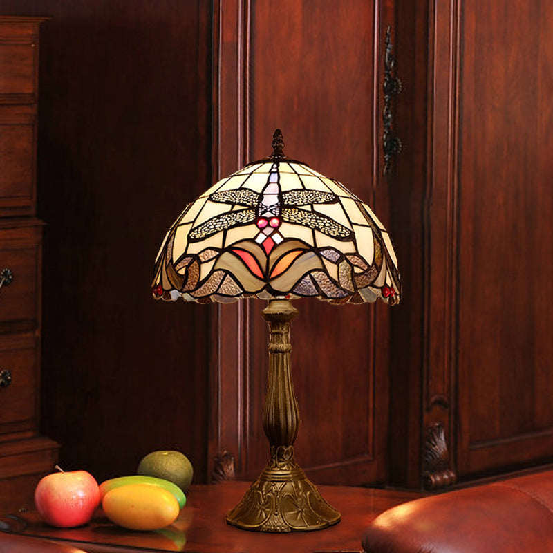 Barock Libelle Tischleuchte 1-Licht-Buntglas Nachtlampe in Bronze mit Schüsselschatten