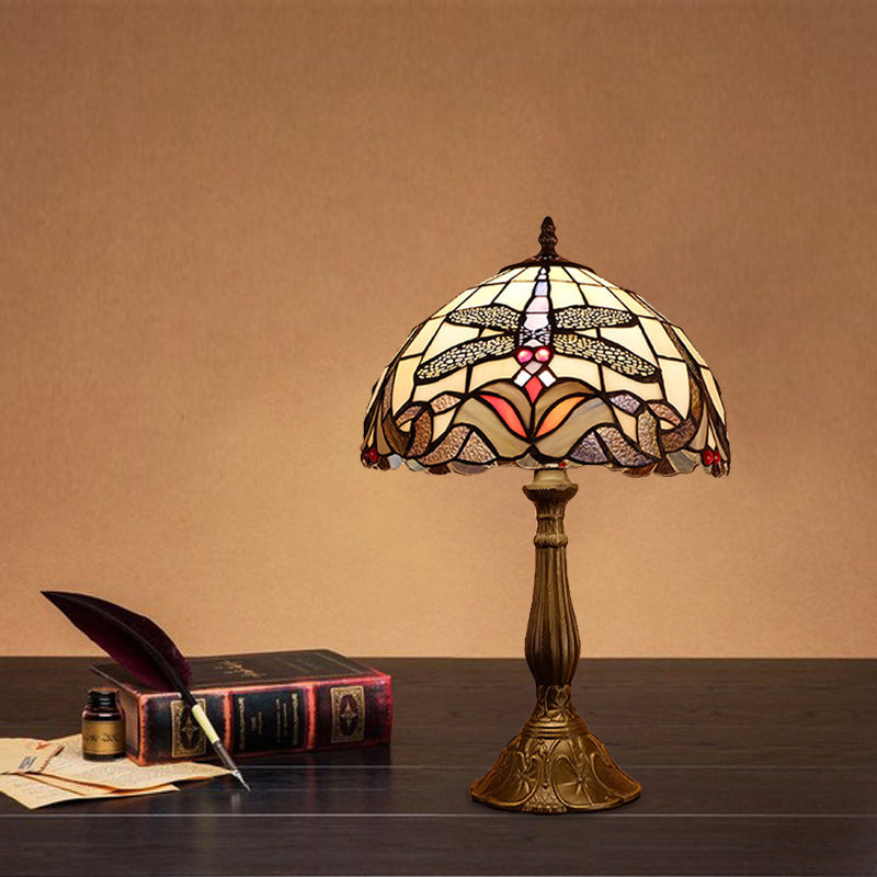 Barock Libelle Tischleuchte 1-Licht-Buntglas Nachtlampe in Bronze mit Schüsselschatten