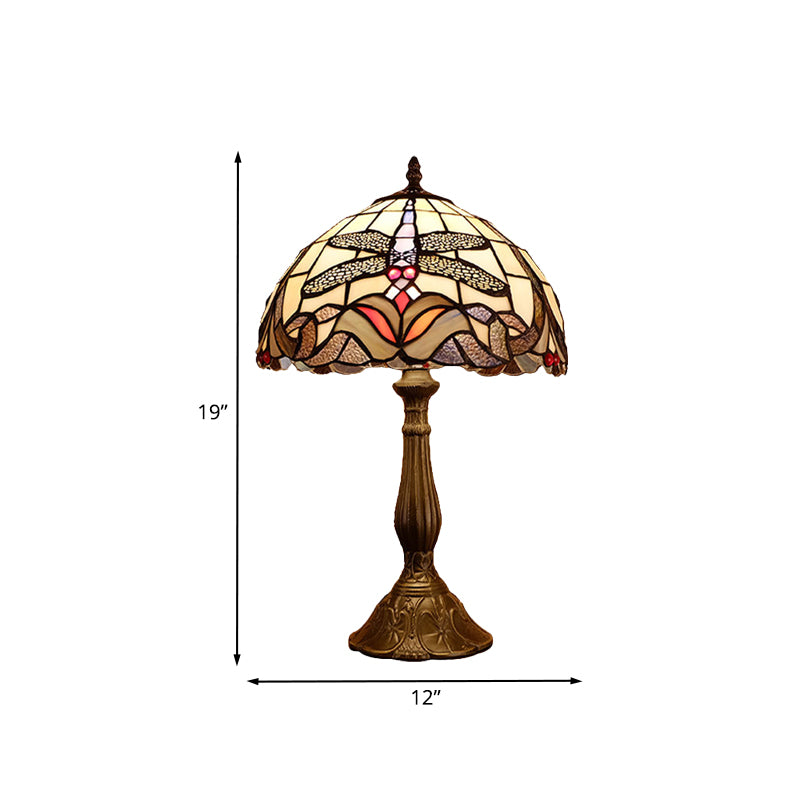 Barock Libelle Tischleuchte 1-Licht-Buntglas Nachtlampe in Bronze mit Schüsselschatten