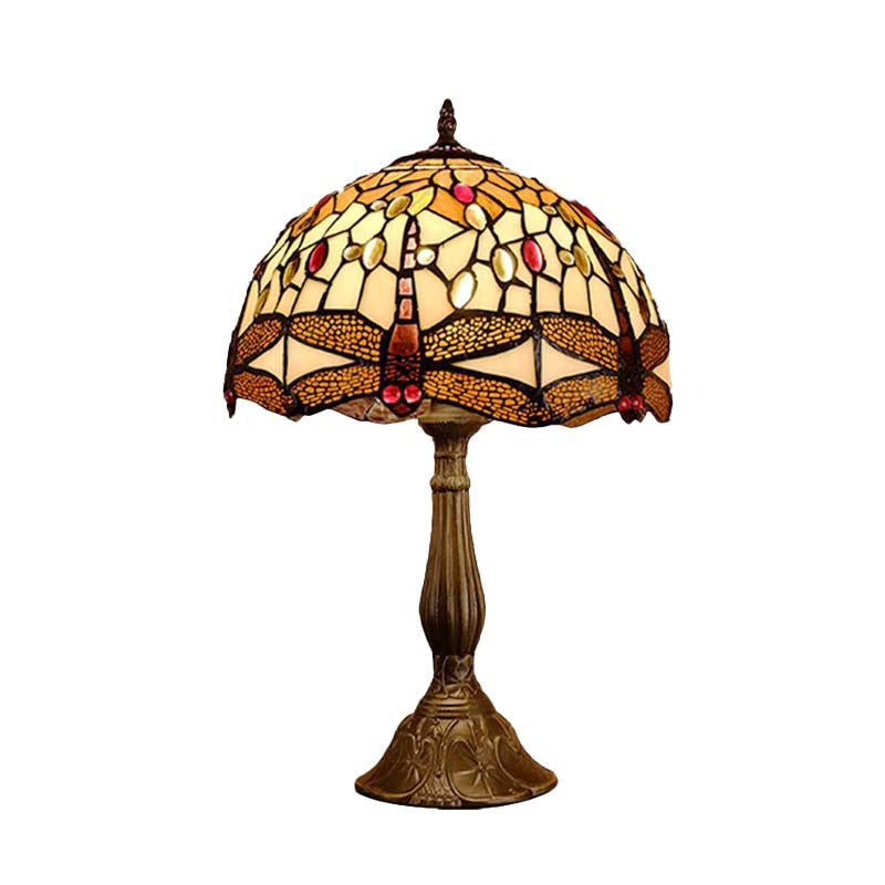 1-Bulb Domed Night Lamp Mediterranean Bronze Hand Cut Glass Nightstand Light with Dragonfly Pattern