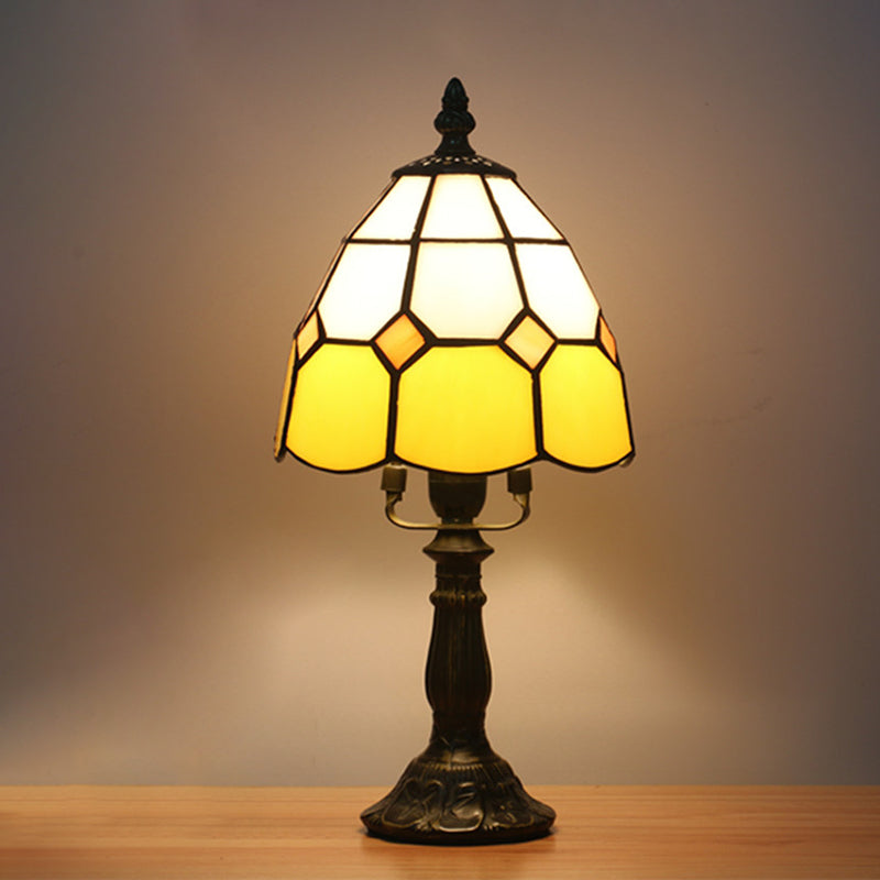 Dome Night Light Mission Stained Art Glass 1 Head Beige/Yellow/Orange Grid Patterned Nightstand Lighting for Bedroom