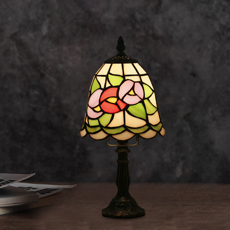 Stained Glass White/Red Night Light Conical/Flared 1-Head Mediterranean Table Lighting with Floral Pattern