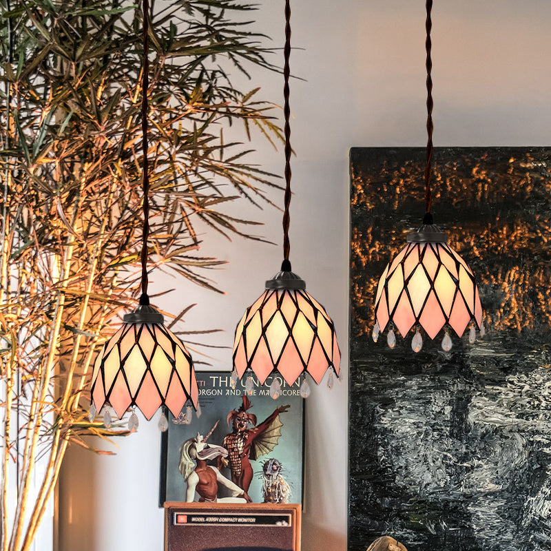 Bowl/Morning Glory Multi-Light Pendant 3 Bulbs Pink Stained Glass Baroque Style Hanging Lamp Kit for Dining Room