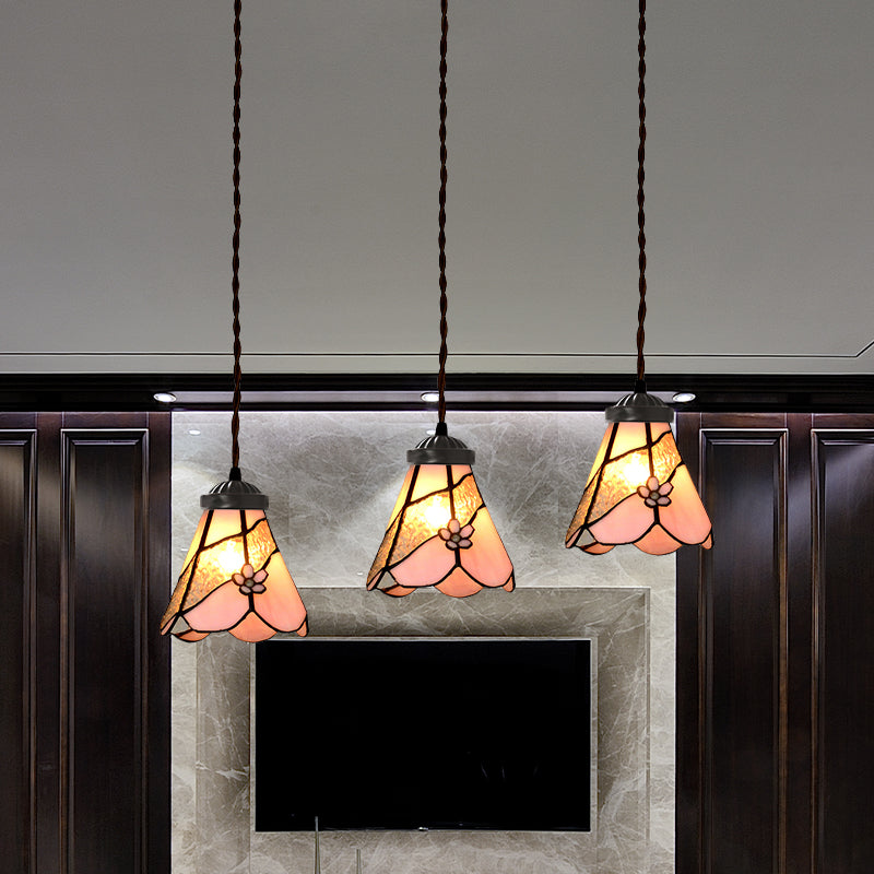 Bowl/Morning Glory Multi-Light Pendant 3 Bulbs Pink Stained Glass Baroque Style Hanging Lamp Kit for Dining Room