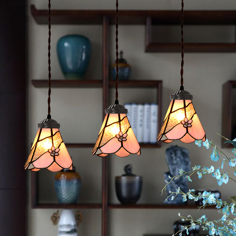 Bowl/Morning Glory Multi-Light Pendant 3 Bulbs Pink Stained Glass Baroque Style Hanging Lamp Kit for Dining Room