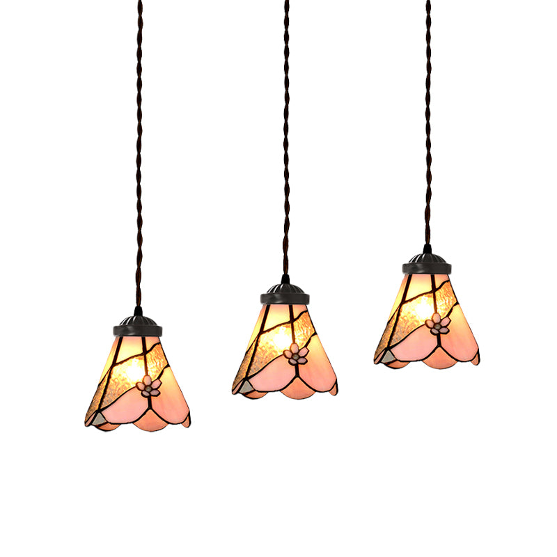Bowl/Morning Glory Multi-Light Pendant 3 Bulbs Pink Stained Glass Baroque Style Hanging Lamp Kit for Dining Room