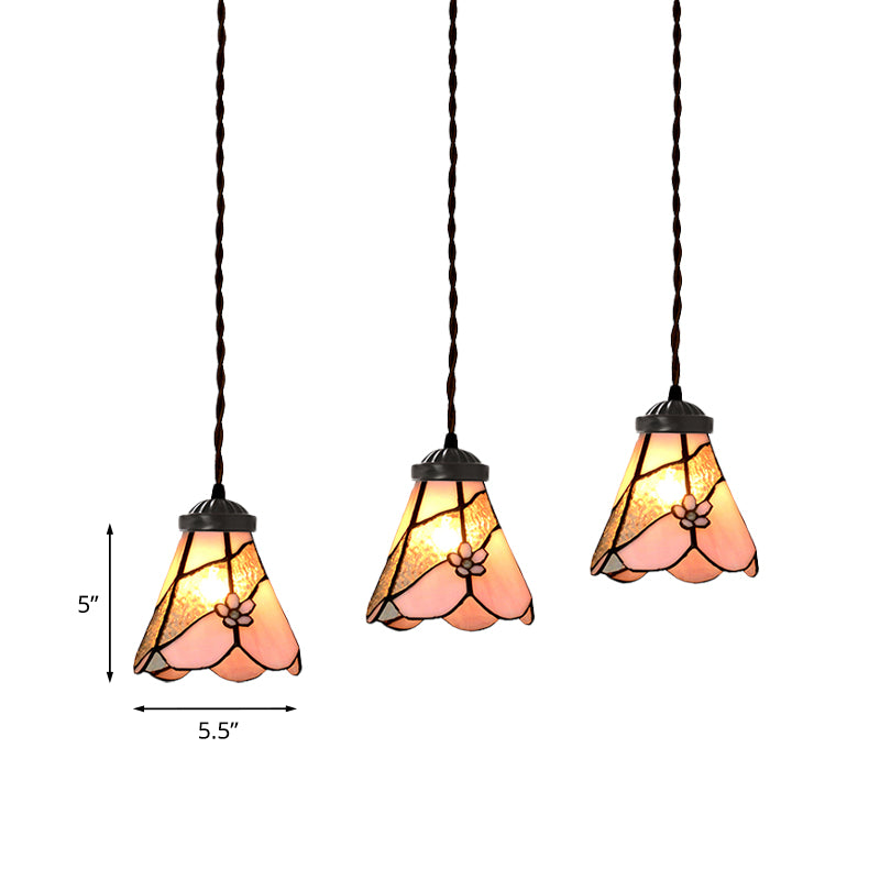 Bowl/Morning Glory Multi-Light Pendant 3 Bulbs Pink Stained Glass Baroque Style Hanging Lamp Kit for Dining Room