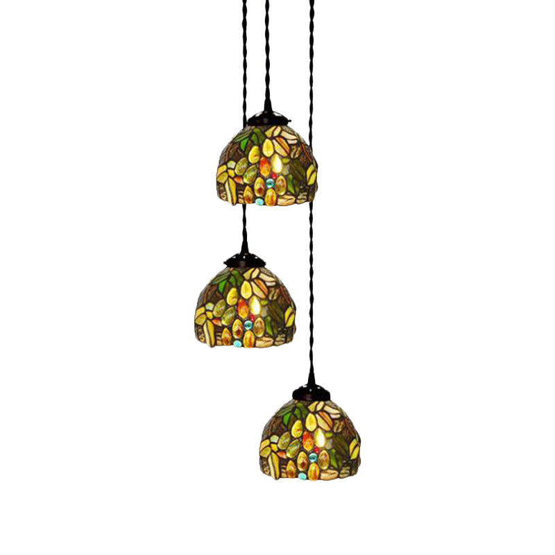3-Head Ceiling Lamp Tiffany Domed Stained Glass Cluster Pendant Light in White/Red/Yellow with Dragonfly/Grape/Rose Pattern