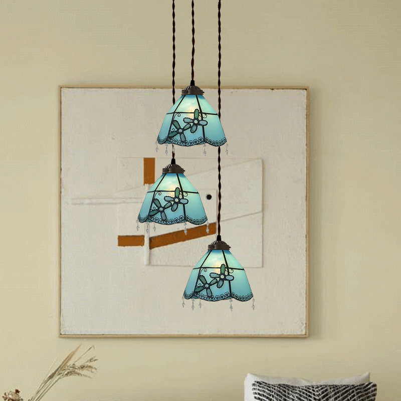 Rosa/hellblau und weiße Glocken-/Schüssel Drop Lampe Victorian 3 Köpfe Hand geschnittenes Glas Blumen-/Obst gemustertes Multi -Anhänger -Licht