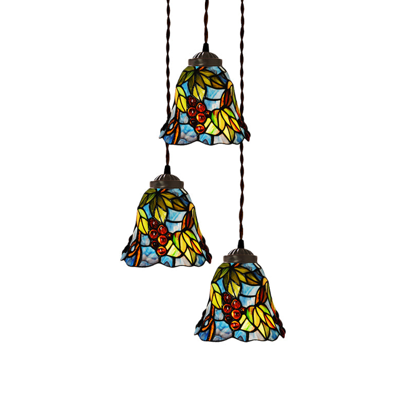 Pink/Light Blue and White Bell/Bowl Drop Lamp Victorian 3 Heads Hand Cut Glass Floral/Fruit Patterned Multi Pendant Light