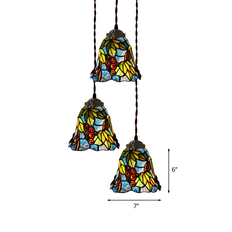 Rosa/hellblau und weiße Glocken-/Schüssel Drop Lampe Victorian 3 Köpfe Hand geschnittenes Glas Blumen-/Obst gemustertes Multi -Anhänger -Licht