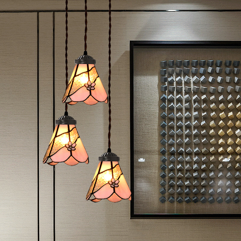 Victorian Bowl/Morning Glory Hanging Light Kit 3 Lights Pink Stained Glass Cluster Pendant for Dining Room