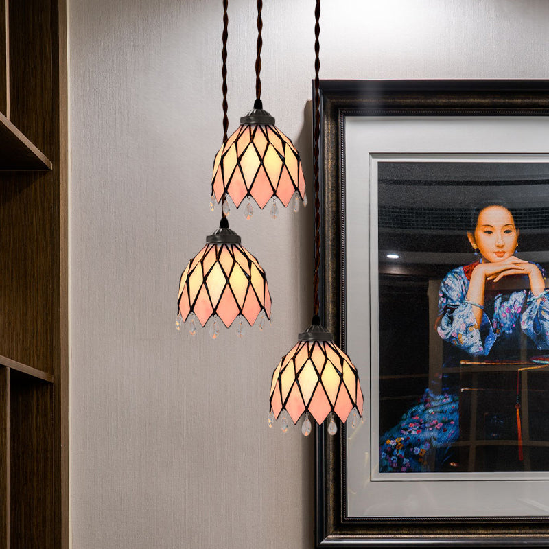 Victorian Bowl/Morning Glory Hanging Light Kit 3 Lights Pink Stained Glass Cluster Pendant for Dining Room