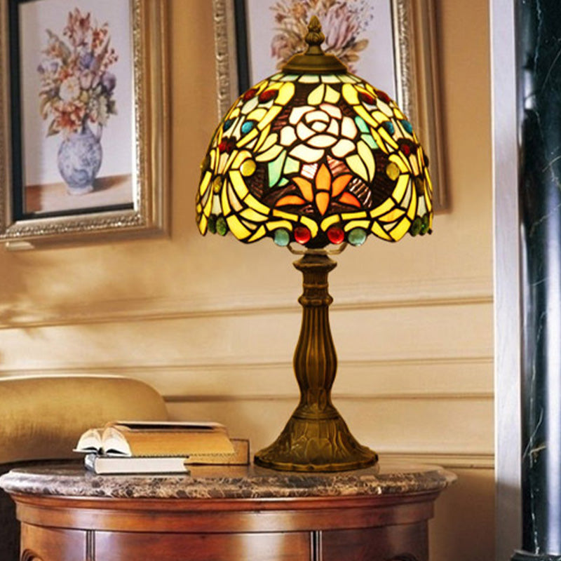 Bronze 1 Bulb Table Light Victorian Hand Cut Glass Domed Shaped Nightstand Lighting with Blossom Pattern