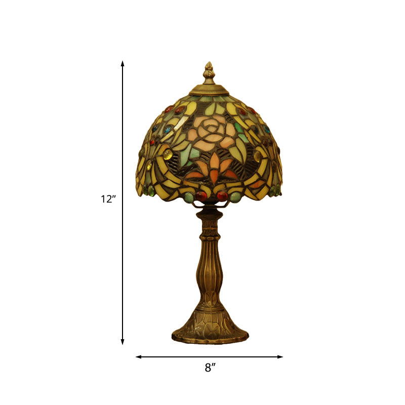 Bronze 1 Bulb Table Light Victorian Hand Cut Glass Domed Shaped Nightstand Lighting with Blossom Pattern