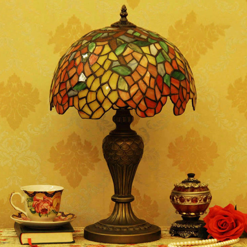 Bowl Shaped Night Lighting Baroque Stained Art Glass 1-Head Bronze Table Lamp for Bedroom