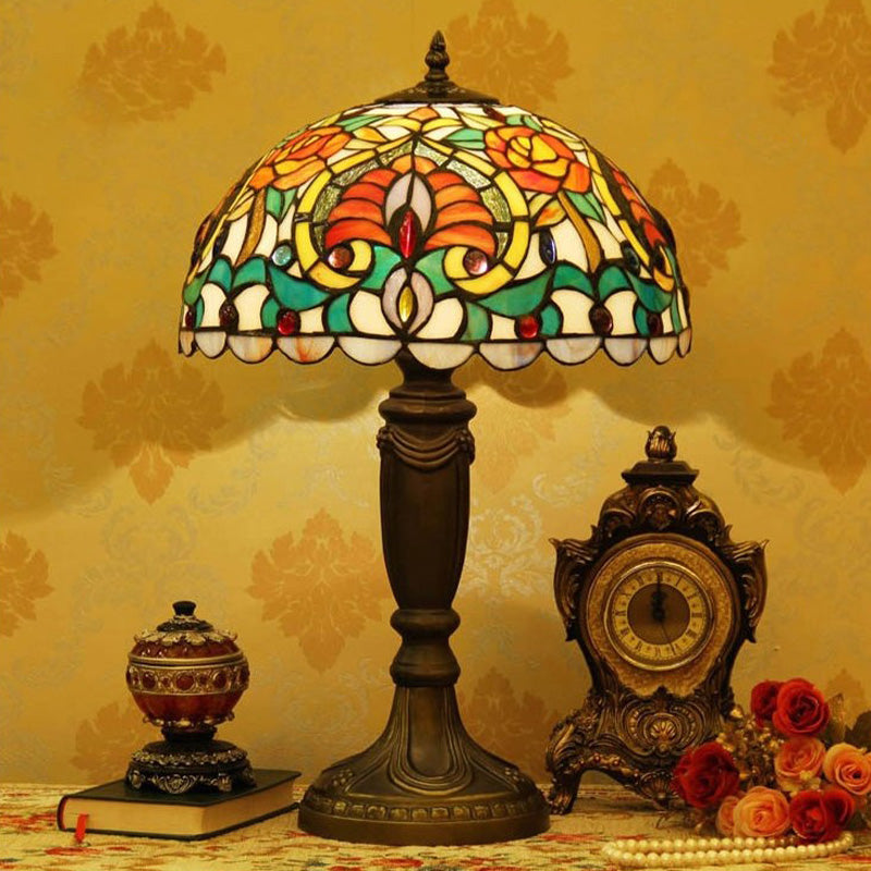 Domed Cut Glass Night Table Light Victorian 1 Light Beige/Orange Floral Patterned Desk Lighting with Blaster