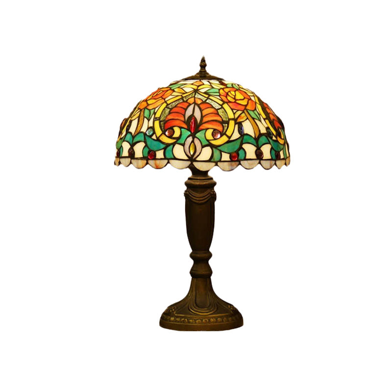 Domed Cut Glass Night Table Light Victorian 1 Light Beige/Orange Floral Patterned Desk Lighting with Blaster