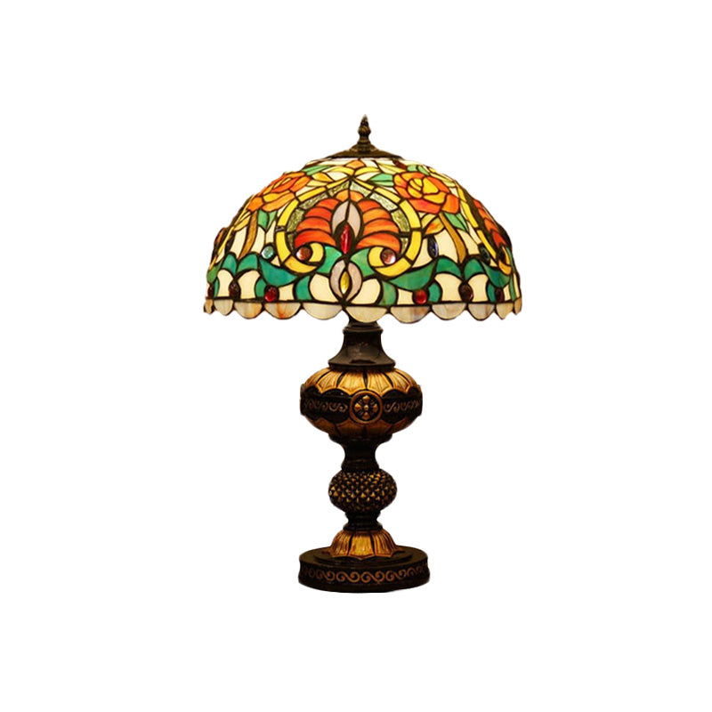 Flower Night Table Lighting 1 Head Stained Art Glass Victorian Bowl Desk Lamp in Beige/Orange with Oval Base