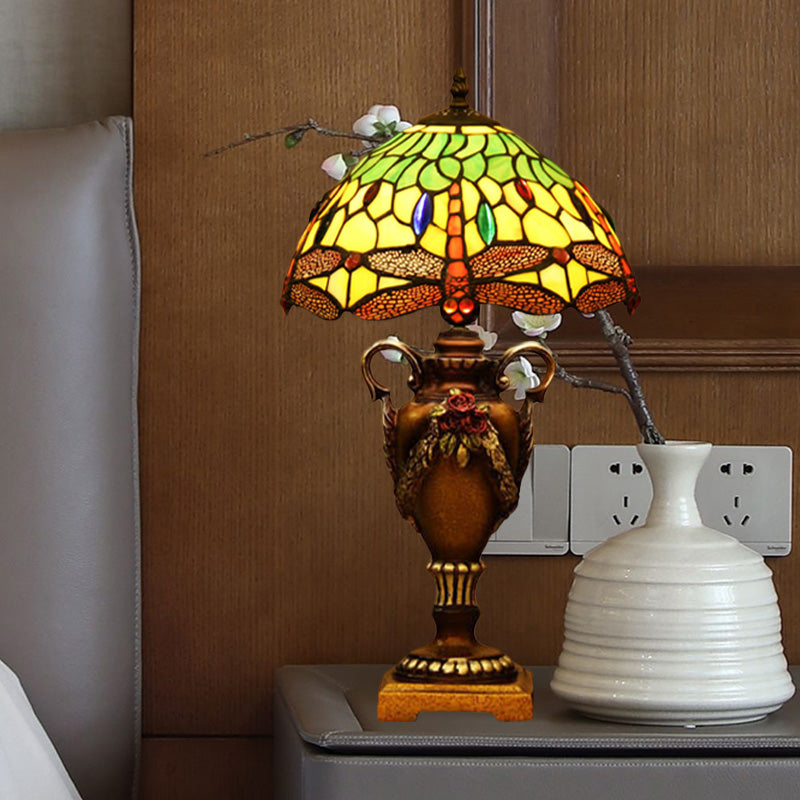 Bowl de bol victorien Light 1 tête tachée d'art tachée trophée Trophée Table de table lampe en bleu / vert avec motif de libellule