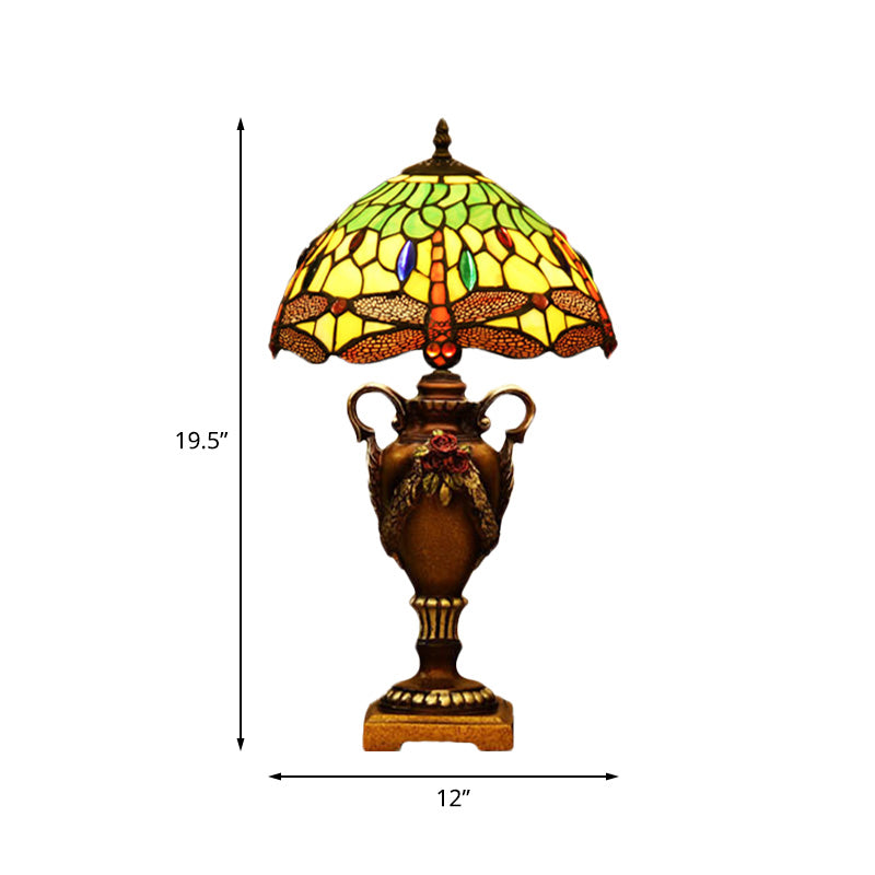 Victorian Bowl Shape Desk Light 1 Head Stained Art Glass Trophy Night Table Lamp in Blue/Green with Dragonfly Pattern