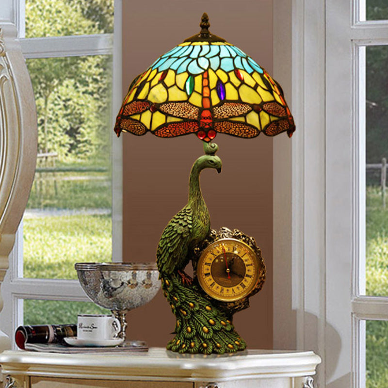 1-Bulb Dragonfly Night Lamp Mediterranean Light Blue and Yellow Cut Glass Nightstand Light with Peacock and Clock Deco