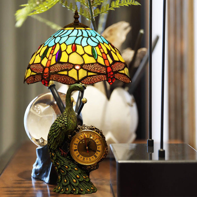 1-Bulb Dragonfly Night Lamp Mediterranean Light Blue and Yellow Cut Glass Nightstand Light with Peacock and Clock Deco