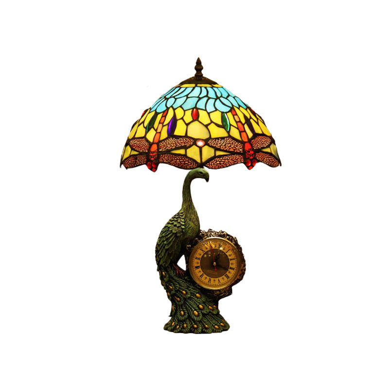 1-Bulb Dragonfly Night Lamp Mediterranean Light Blue and Yellow Cut Glass Nightstand Light with Peacock and Clock Deco