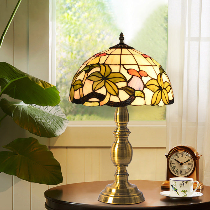 Domed Table Lamp 1 Light Stained Art Glass Tiffany Style Petal Patterned Night Light in Brushed Brass