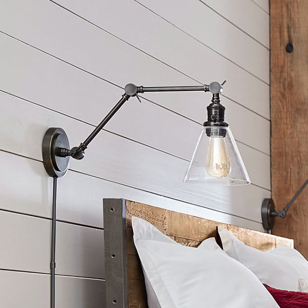 Clear Glass Cone Wall Sconce Industrial 1 Light Bedside Lighting Fixture in Black